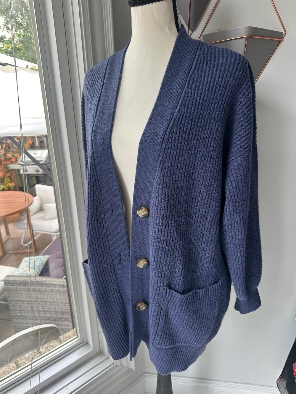 AERIE Soft Navy Blue Ribbed Button-Front Cardigan Sweater Oversized Size XS